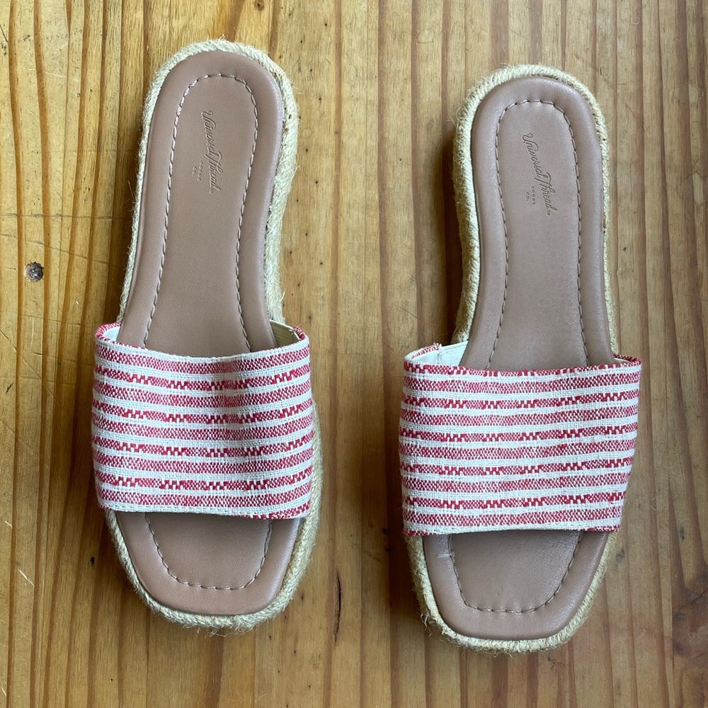 red and white woven women’s sandals size 7.5